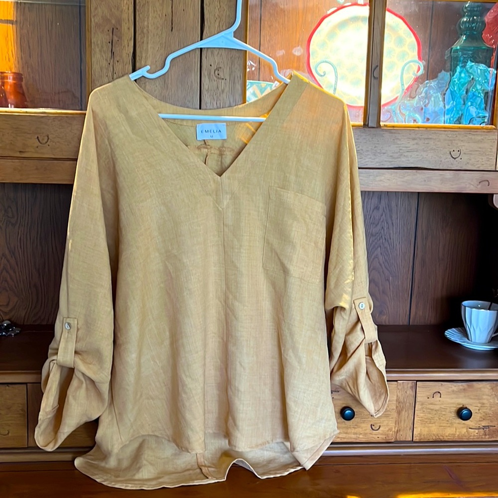 Mustard Linen top tunic, size M, Emelia, cute for fall or game day